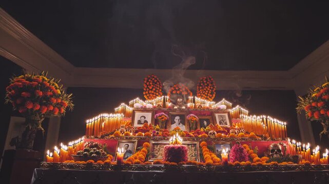 Wide view of an elaborate Day of the Dead ofrenda spanning a dark room, covered in glowing candles, marigolds and food offerings, honoring ancestors, warm candlelight and soft smoke