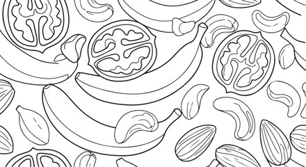 Monochrome Outline Seamless Pattern of Healthy Fruits and Nuts