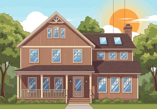 Illustration of a charming twostory wooden house with a porch and dormer windows, set against a backdrop of lush green trees and a bright sun