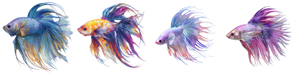 Fototapeta premium Captivating Siamese Fighting Fish Collection: Vibrant, Elegant, and Graceful Aquarium Fish Showcase for Art, Design, and Pet Enthusiasts – A Colorful Aquatic Symphony