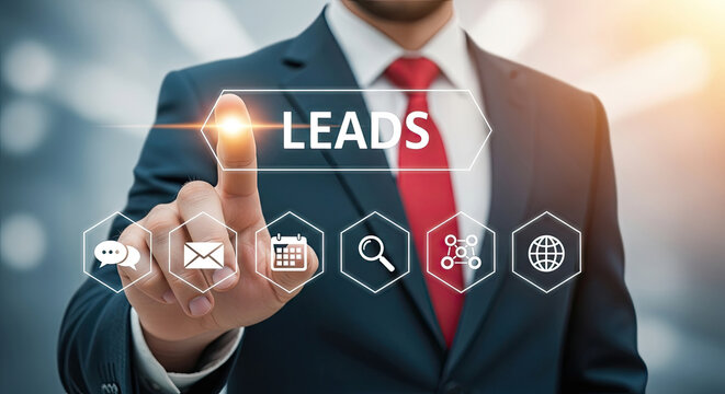 Generating Leads Concept: Businessman Touching Virtual Screen with Icons. Digital Marketing, Sales Strategy, Business Development, and CRM Solutions.