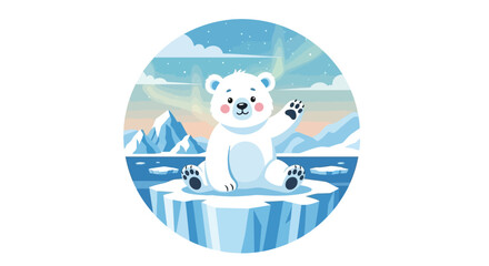 Adorable polar bear waving hello from an iceberg in the arctic, perfect for children's books, educational content, and environmental awareness campaigns