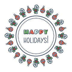 Christmas wreath isolated on white background. Xmas winter festive frame. New year border. Circular sticker with Christmas joys,  holly, candy. Vector illustration for invitations, packaging, cards