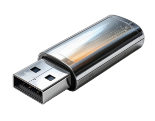 Silver USB Flash Drive: A sleek, metallic USB flash drive, designed to store data, reflecting innovation and efficiency. The device has a modern design and it’s very attractive. 