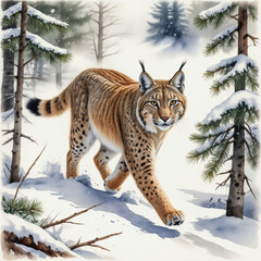 Obraz premium A watercolor illustration of a lynx stalking through deep snow in Maine, pine branches heavy with snow