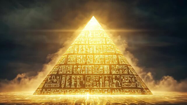 Golden pyramid with hieroglyphs glowing in the desert under a cloudy sky.