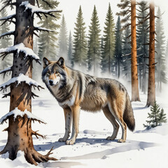 Obraz premium A watercolor illustration of a gray wolf standing in a snowy forest in Yellowstone National Park, pine trees dusted with snow.
