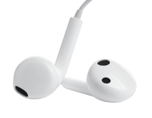 Simple White Earphones: Clean studio shot of an earphone, conveying a sense of auditory experience. conveying a sense of simplicity and a sleek aesthetic. 