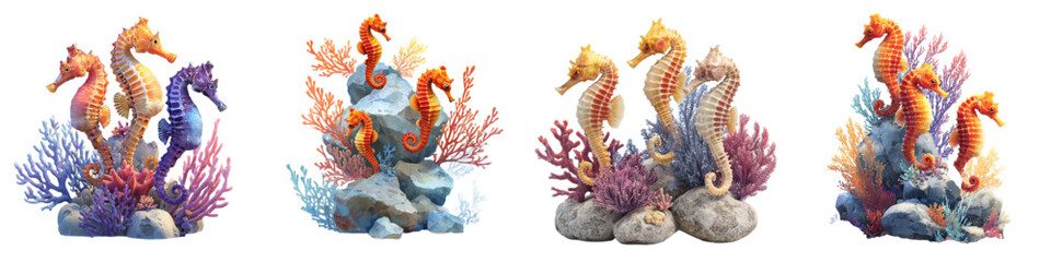 Obraz premium Charming seahorse clusters amidst vibrant corals, perfect for adding a touch of whimsical sea life to your designs and bringing the ocean's beauty to any project