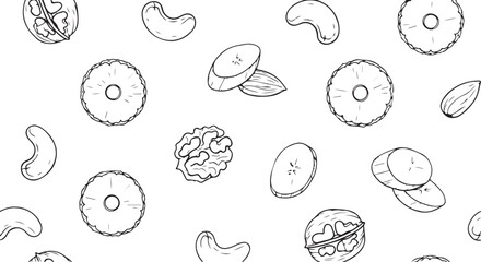 Hand-Drawn Outline Seamless Pattern of Nuts and Dried Fruits