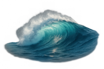 Ocean wave breaking, forming a powerful barrel with splashing foam, transparent background for easy use