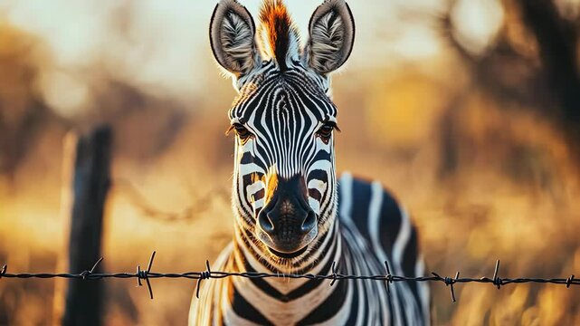 Striking zebra portrait behind a barbed wire fence at golden hour.