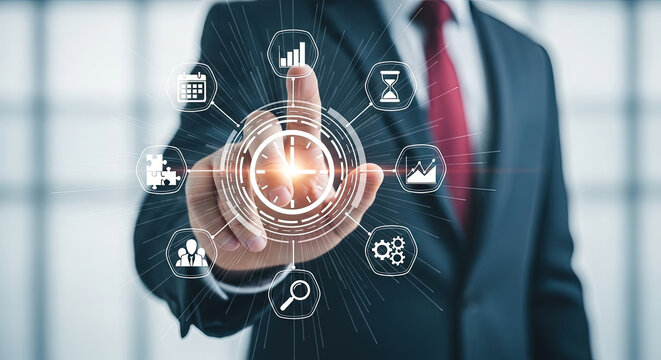 Strategic Business Management: Businessman Touching Digital Interface with Time Management, Planning, and Productivity Icons for Corporate Solutions - Powered by Adobe