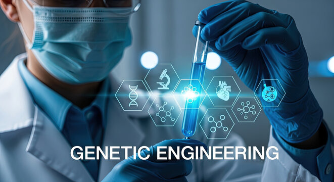 Genetic Engineering Research: Scientist Holding Test Tube with DNA and Biomedical Icons. Biotechnology, Medicine, and Pharmaceutical Innovation Concept