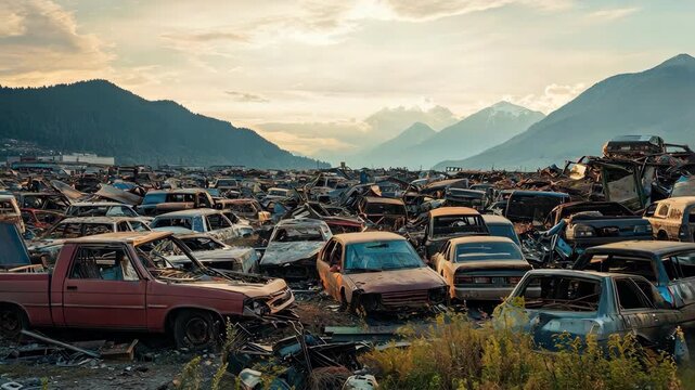 Wrecked cars in a junkyard with mountains in the background at sunset.