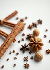 Fototapeta premium Cinnamon cloves ginger and nutmeg on white background nutcrackers holiday decoration christmas toy festive ornament