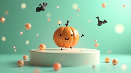 Fototapeta premium A cheerful, animated pumpkin stands on a pedestal, surrounded by playful bats and glowing orbs, creating a whimsical autumn scene.