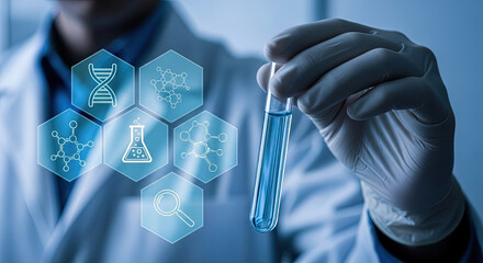 Scientist Holding Test Tube with Blue Liquid and Science Icons. Conceptual Image for Medical Research, Pharmaceutical Development and Innovation in Biotech