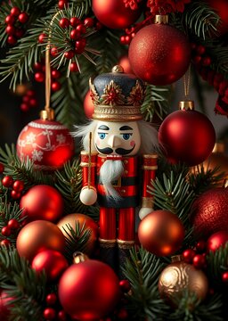Festive christmas scene featuring a cheerful nutcracker surrounded by vibrant red and gold holiday ornaments and pine branches nutcrackers holiday  decoration christmas toy festive ornament