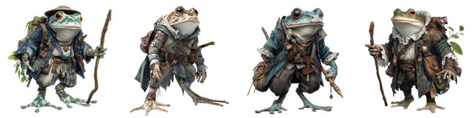 Fototapeta premium Four adventurous frog characters ready for fantasy role-playing games, bring your tabletop game to life with these unique and whimsical anthropomorphic amphibians