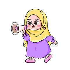 Cartoon girl in hijab with megaphone, announcing news.