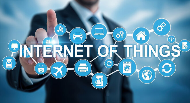 Internet of Things Concept: Businessman Touching IoT Interface with Smart Home, Car, Devices. Modern Technology and Automation for Microstock Use.