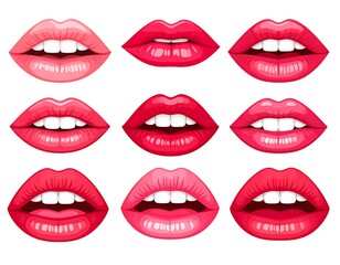 Nine sets of lips in various shades of pink and red lipstick