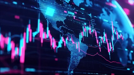 Global financial market data displayed with vibrant digital candlestick charts and a world map, representing economic trends, investment analysis, and business insights for the future - Powered by Adobe