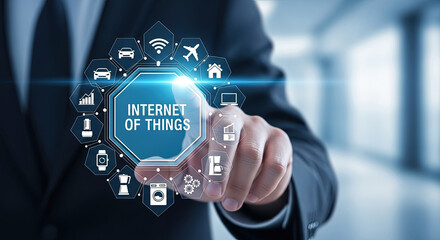 Internet of Things Concept: Businessman Touching IOT Interface with Smart Home, Car, and Device Icons. Modern Technology and Connectivity Vision.