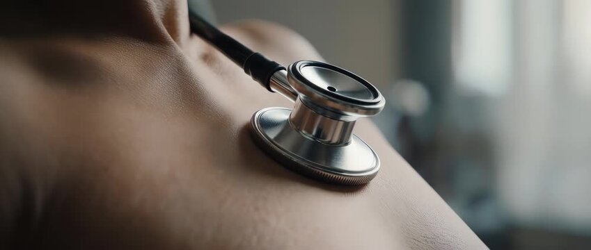 Stethoscope on Patient's Chest. Symbolizes medical examination, trust, and primary care.