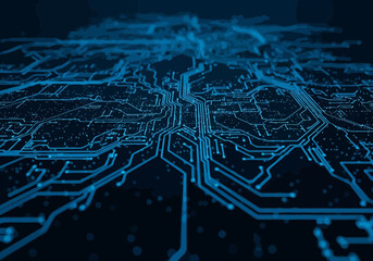 Illustration of abstract digital circuit board with glowing blue lines on a dark background, representing technology and data flow