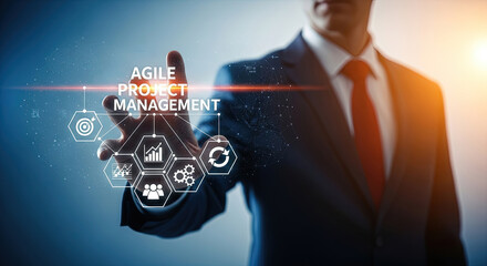 Agile Project Management Concept: Businessman Touching Digital Interface with Business Icons. Modern Business Strategy and Technology for Success.