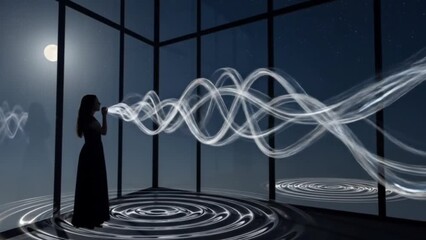 A mesmerizing woman performing with glowing sound waves under moonlight reflection, creating magical musical energy that dances through the air, ethereal fantasy light motion, seamless looping video - Powered by Adobe