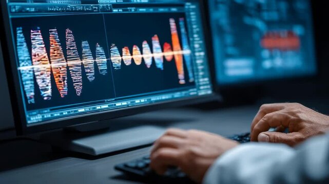 Scientist using advanced bioinformatics software to decode genomic sequences and interpret biological data on a digital screen.