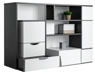 Modern gray and white storage unit with open shelves and drawers.