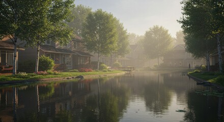 Fototapeta premium Tranquil waterfront landscape featuring houses trees and water reflections under morning sunlight