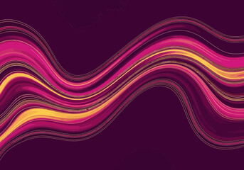 Illustration of vibrant abstract wavy lines of pink and yellow flowing across a dark purple background, creating a dynamic and energetic visual effect