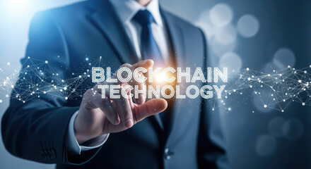 Businessman touching Blockchain Technology interface, representing digital transformation, fintech solutions, and future of secure transactions online.