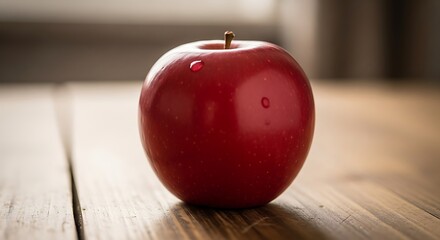 A single vibrant red apple with water droplets resting on a wooden surface.