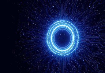 Illustration of abstract glowing blue digital circuit board with a central glowing ring, representing technology and data flow