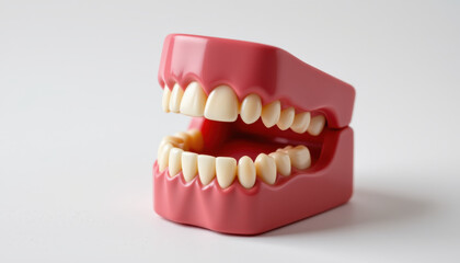 Fototapeta premium Vibrant artificial gum model showcases set of realistic teeth, emphasizing dental education and oral health. This model serves as engaging tool for learning about dental anatomy and hygiene