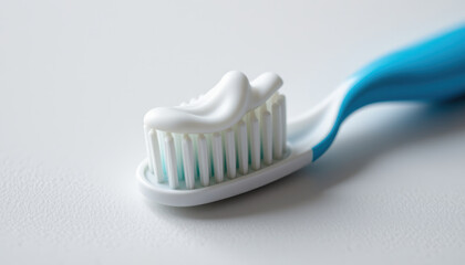 Whitening toothpaste on toothbrush, showcasing close up view of bristles and creamy texture. This highlights dental hygiene and freshness, perfect for promoting oral care products