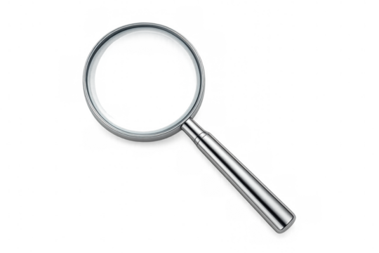 Magnifying glass tool for searching, zooming, analyzing, researching, and investigating, isolated on a transparent background