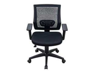 Black office chair with mesh back and armrests.