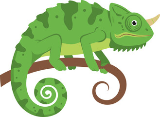 Flat Simple Green Chameleon on a Branch Cartoon Illustration Art