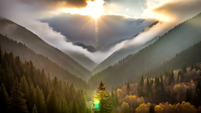 Serene sunrise over misty mountains with vibrant autumn foliage below - Powered by Adobe