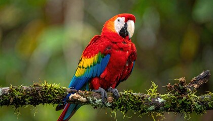 Fototapeta premium Vibrant Scarlet Macaw Parrot Perched on a Moss Covered Branch in a Lush Green Rainforest Environment with Soft Natural Lighting