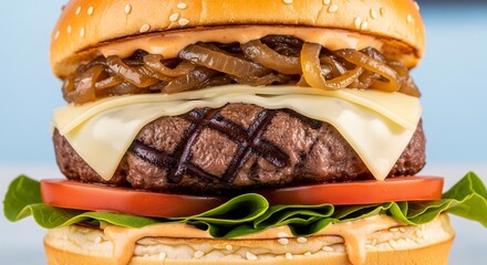 Close up shot of a delicious grilled beef burger with cheese and caramelized onions