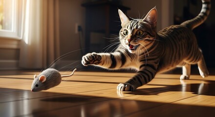A tabby cat playfully chasing a toy mouse on a wooden floor in a sunlit room.
