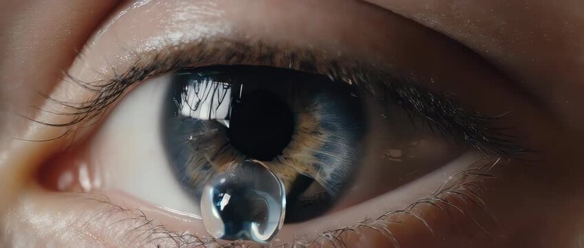 Eye Drop Falling into Human Eye. Symbolizes ophthalmology, vision care, and medical treatment.